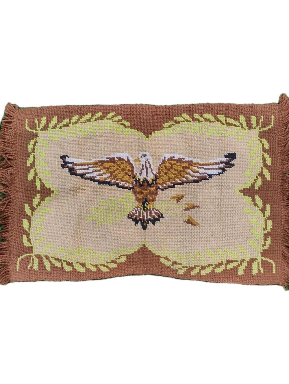 Vintage Yarn Tapestry Eagle Wall Hanging 70s Rustic Cabin Folk Art Boho
